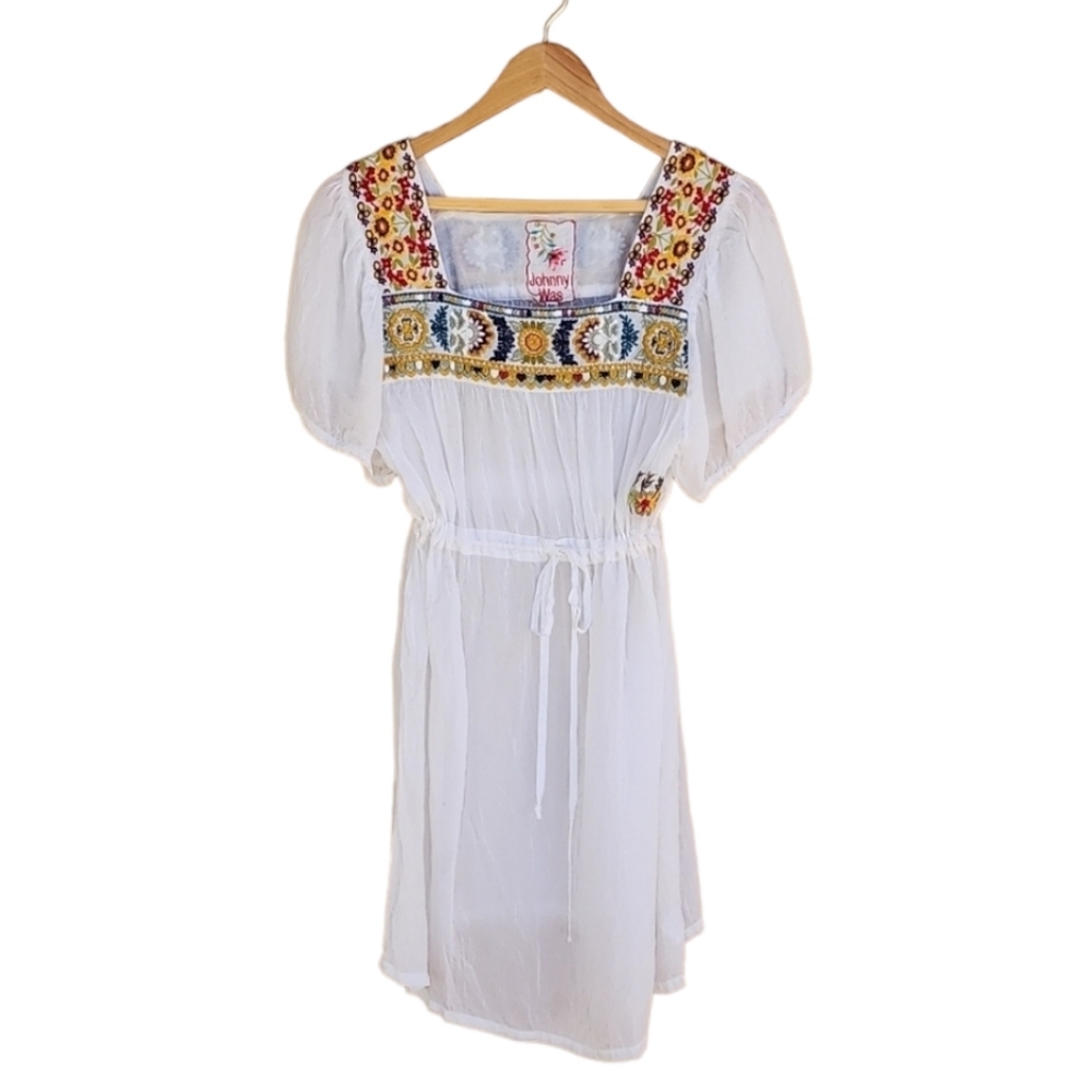 JOHNNY WAS ANTHRO White Embroidered Cotton Mini Dress M Boho Cover Up Mexico - Picture 4 of 17